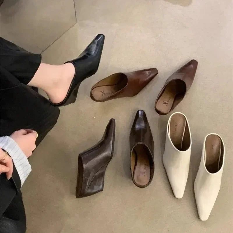 2024 europeu americano baotou metade feminina de couro macio inclinação salto alto legal moda outwear grosso preguiçoso muller sapatos