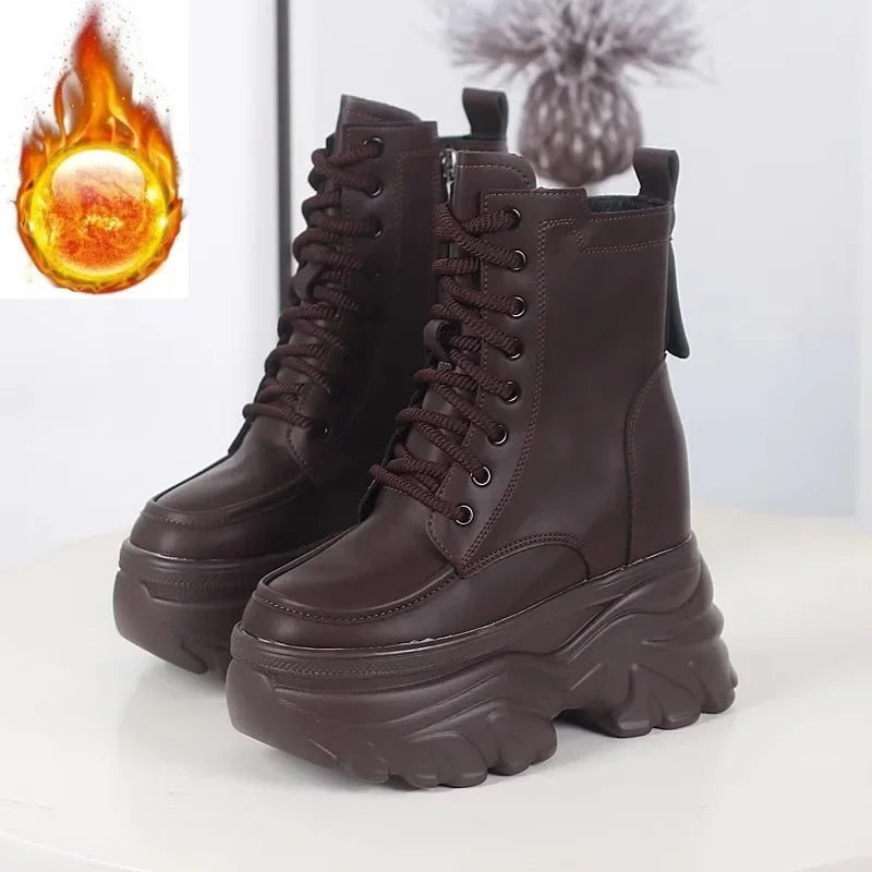 12cm outono plataforma botas de tornozelo feminino sapatos grossos rendas tênis mulher botas de couro sapatos de caminhada