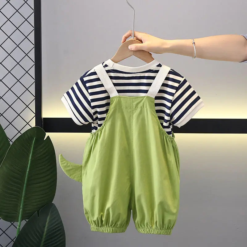 Verão crianças meninos roupas da criança casual dinossauro roupas tiras t camisa dos desenhos animados babador calças curtas 2 pçs/set crianças terno conjuntos