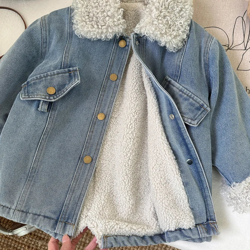Inverno meninas grosso demin casacos bebê mais veludo quente outerwear com cinto crianças princesa projetado jaquetas longas crianças roupas