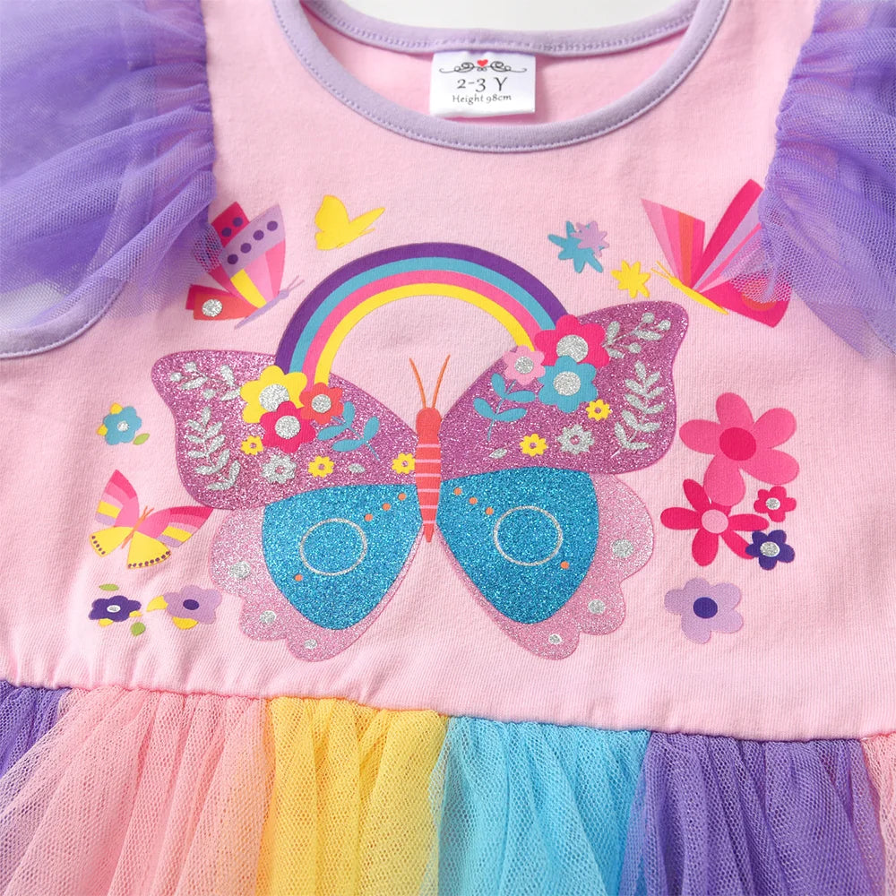 Vestido de verão com estampa de borboleta e flor para crianças, vestido rosa colorido para festa, férias, uso diário, vestidos de princesa, roupas infantis