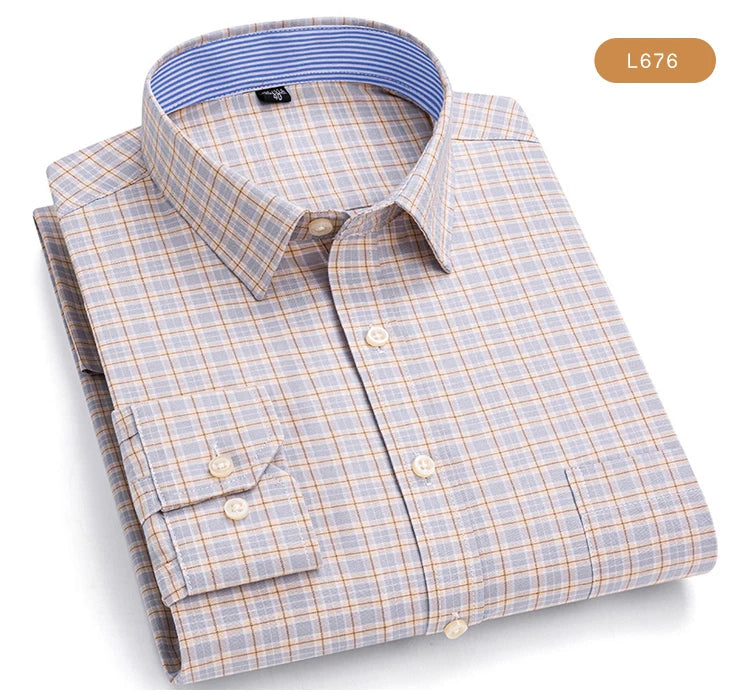 Camisas de vestido de algodão com design de gola de lapela listrada xadrez na moda masculina, camisa casual de manga comprida com botões para primavera/outono
