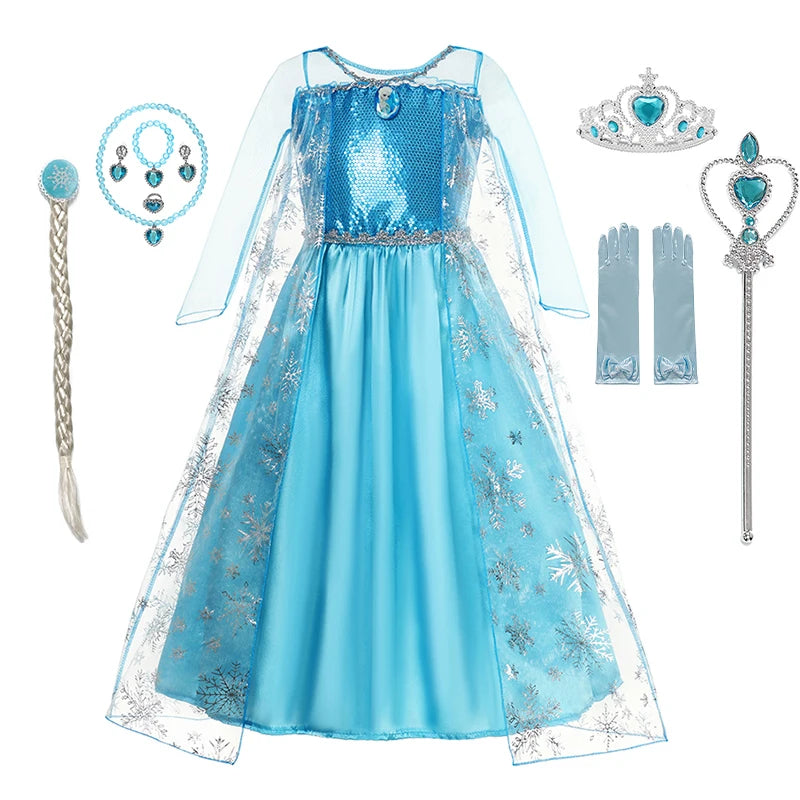 Elsa vestido para meninas elsa malha vestido longo traje crianças carnaval neve rainha cosplay vestido purim festa de aniversário vestido de baile