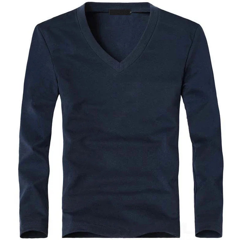 Camiseta Masculina Elástica 2026 com Decote em V e Manga Longa, Camisetas para Homens, Roupas Masculinas, Camiseta Nova em Cores Sólidas