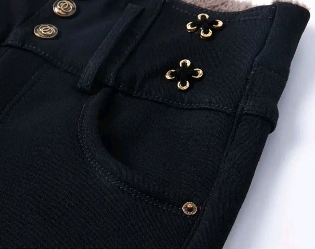 Jeans coreano elástico de cintura alta com pelúcia ártica, zíper de botão monocromático, calça lápis reta preta, moda fina, outono e inverno, nova