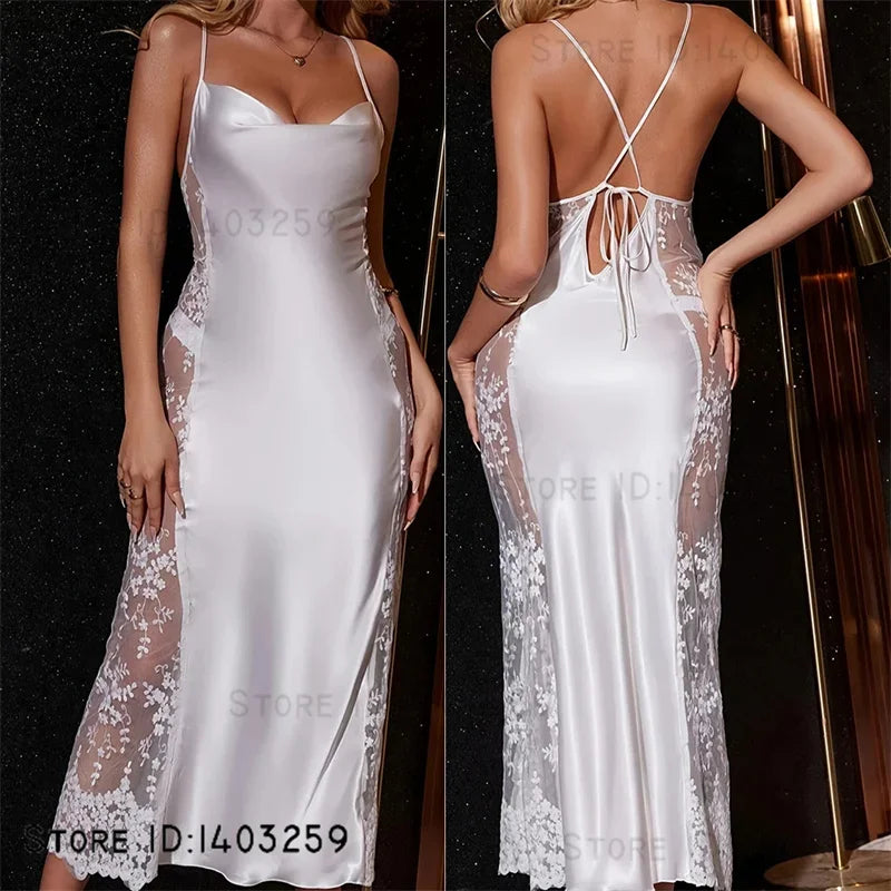 Feminino longo camisola chemise sleepwear sexy perspectiva renda camisola lingerie verão nova camisola de cetim casa wear loungewear