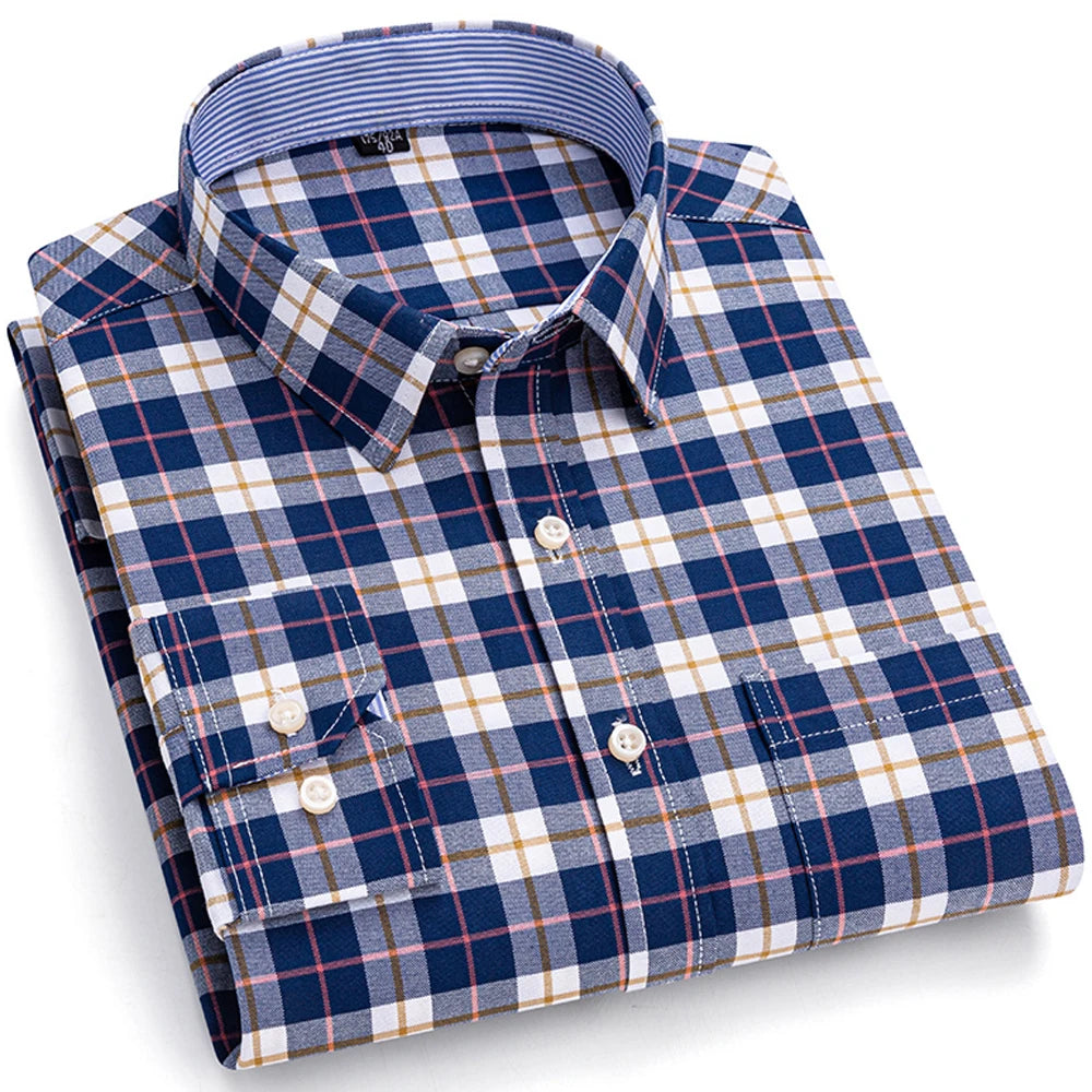 Camisas de vestido de algodão com design de gola de lapela listrada xadrez na moda masculina, camisa casual de manga comprida com botões para primavera/outono