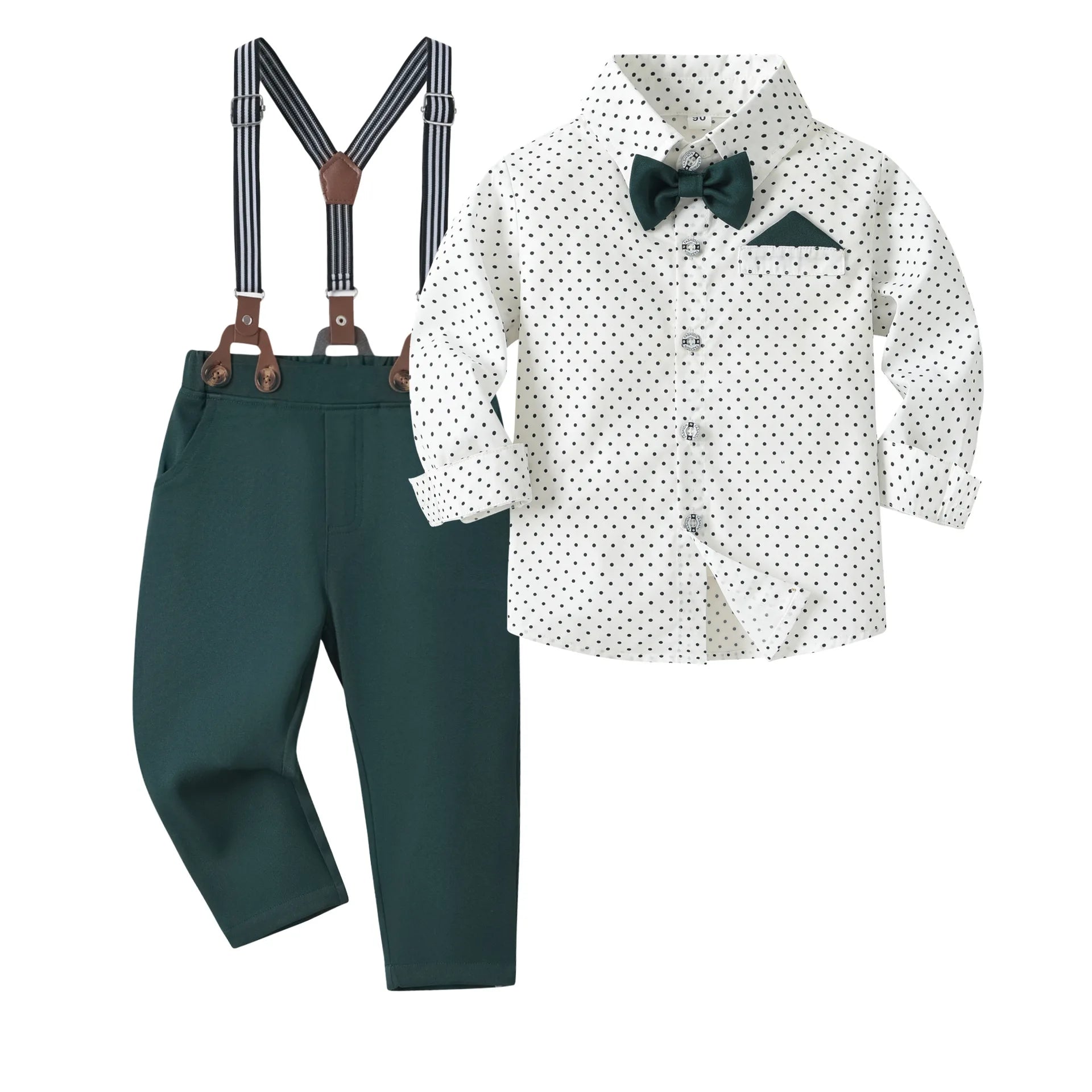 Camisa estampada às bolinhas com calças sólidas para meninos, conjunto de arco suspensor infantil, roupa de cavalheiro, traje de aniversário, 2 a 6 anos, primavera