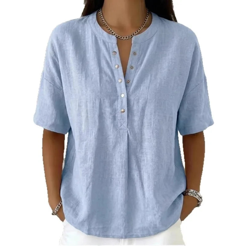 Blusa Feminina de Linho com Gola Henley, Manga Curta, Casual, Solta, Cor Sólida, Top de Verão