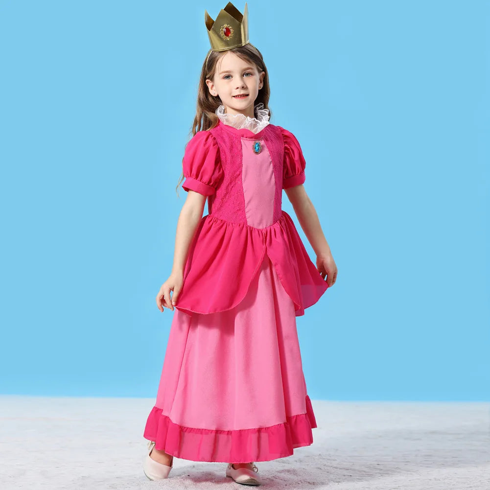 Pêssego rosalina vestido meninas margarida cosplay roupas crianças halloween vestir-se roupas de verão rendas applique princesa traje