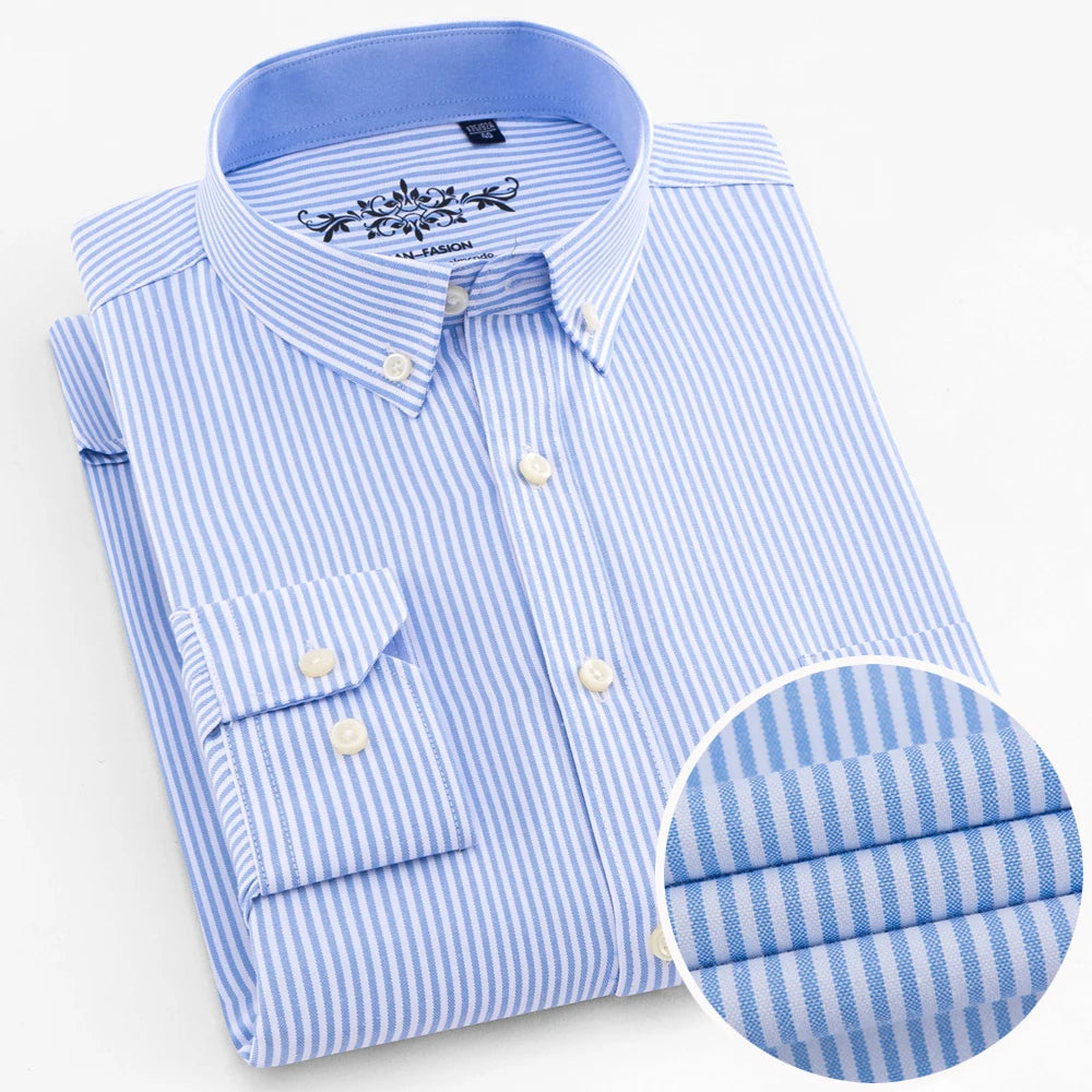 Camisa casual de trabalho listrada xadrez oxford de manga comprida masculina com bolso, camisas de botão de ajuste regular de mistura de algodão primavera outono