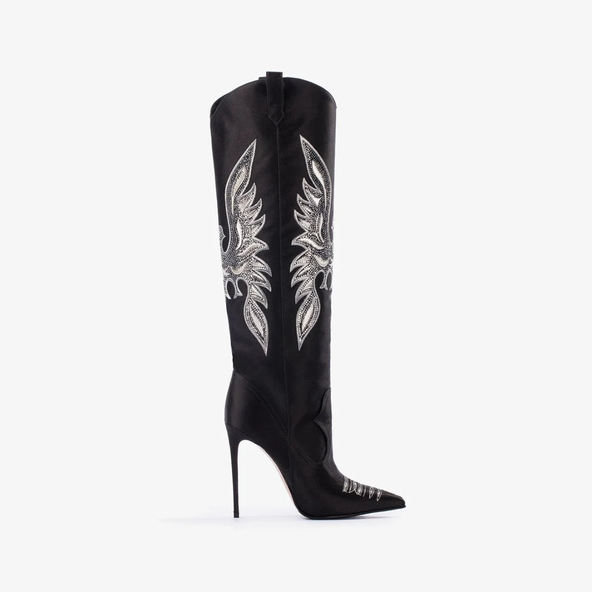 Moda feminina europeia e americana salto alto apontado ocidental denim bordado linha joelho manga alta botas de strass