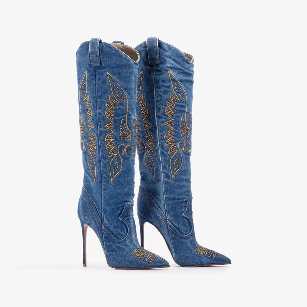 Moda feminina europeia e americana salto alto apontado ocidental denim bordado linha joelho manga alta botas de strass