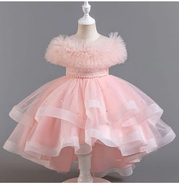 Moda cor sólida menina vestido de noite renda malha sem mangas vestido de festa para crianças menina verão crianças meninas vestido de festa 3-12years
