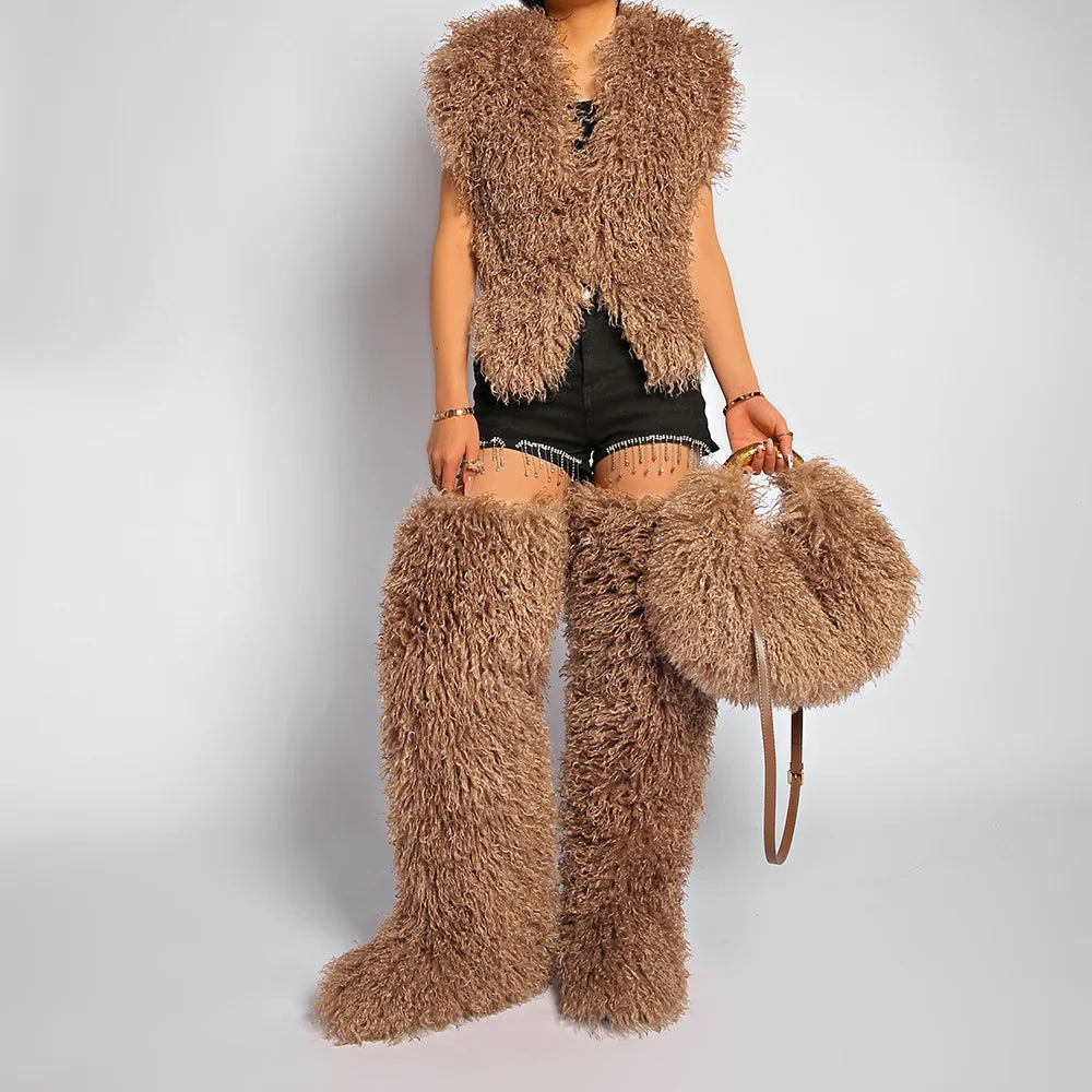 Moda feminina longa pele lã saco praia falso lã pele bolsa de ombro senhoras peles falsas bolsa luxo mongol ovelhas sacos de pelúcia