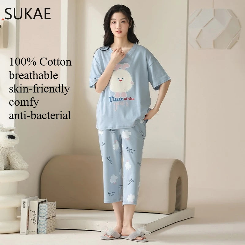 SUKAE-Conjunto de Pijamas dos desenhos animados das mulheres, 100% algodão, calça curta na altura do joelho, pijamas, capris loungewear, pijamas de verão, M-4XL