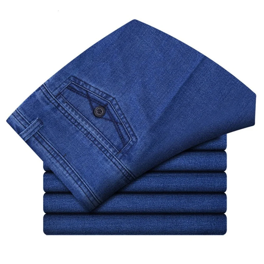 Calça jeans masculina clássica, tamanho 30-45, social, plus size, baggy em algodão, azul, trabalho