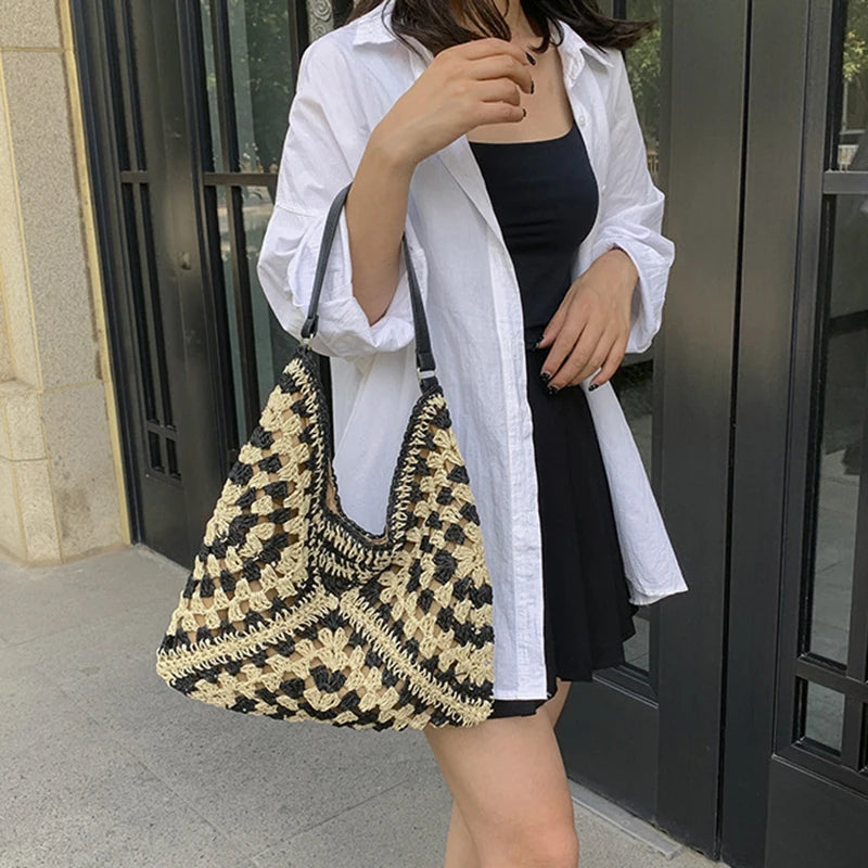 Bolsa de ombro de palha tecida feminina popular bolsa de tamanho médio com alça para férias na praia