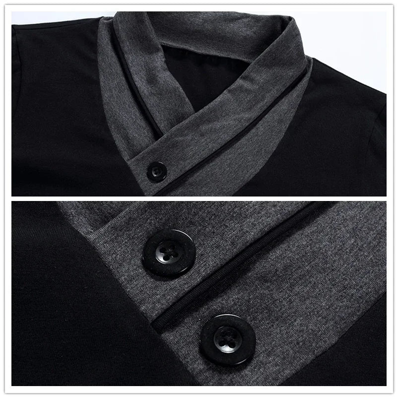 Camiseta Masculina Slim Fit de Manga Longa com Gola em Patchwork e Decote V, Tendência de Moda 2026, Camiseta de Algodão Plus Size 5XL