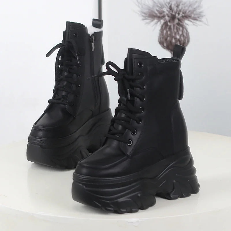 12cm outono plataforma botas de tornozelo feminino sapatos grossos rendas tênis mulher botas de couro sapatos de caminhada