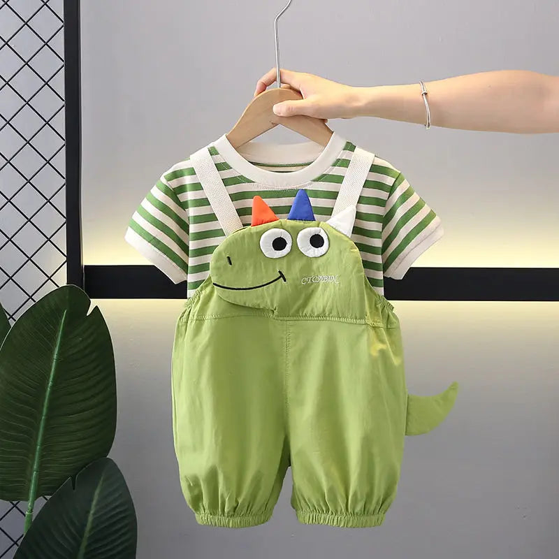 Verão crianças meninos roupas da criança casual dinossauro roupas tiras t camisa dos desenhos animados babador calças curtas 2 pçs/set crianças terno conjuntos