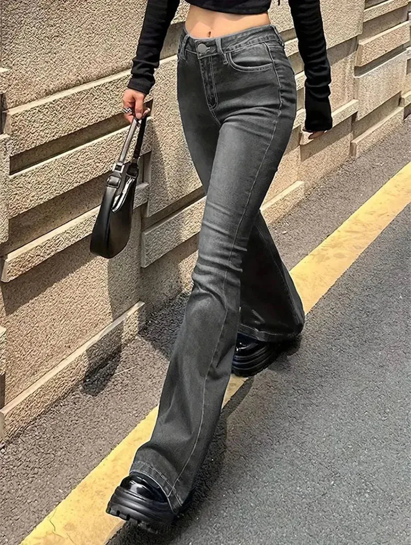 Lucyever calças jeans femininas flare vintage americana streetwear slim y2k punk jeans feminino clássico cintura alta calças largas perna