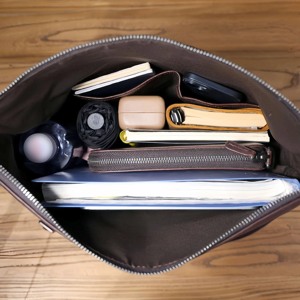 Bolsa de Ombro Masculina em Couro Genuíno, Bolsa Transversal para Laptop, Couro Bovino de Camada Superior, Couro Vegetal, Moda Casual