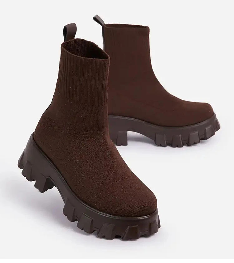 Botas femininas botas de plataforma elástica respirável primavera verão saltos botas mujer deslizamento em botas de tornozelo mulher elegante sapatos de salto