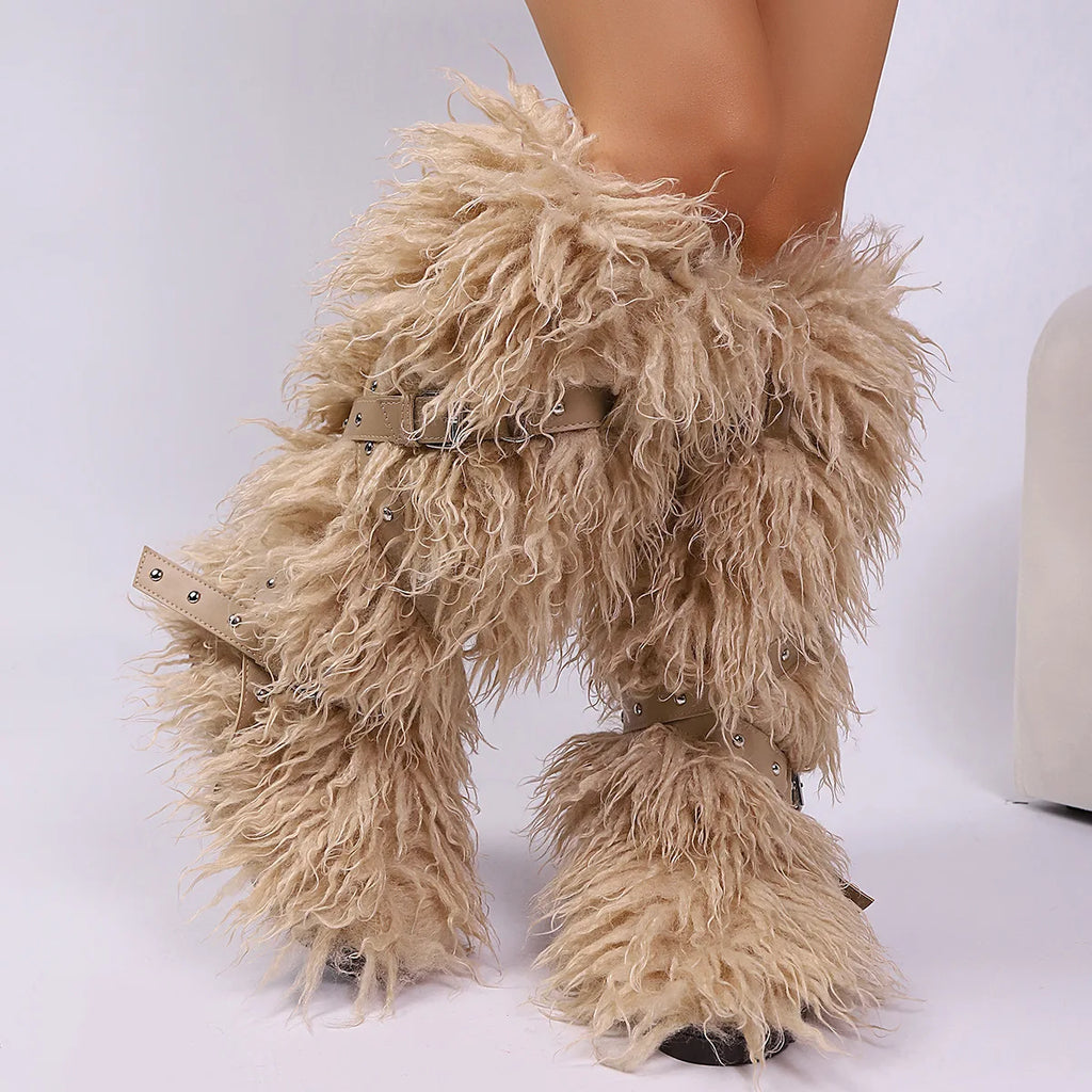 Botas femininas felpudas até o joelho |   Calçado de inverno com detalhes multi-fivela, texturas de leopardo e shearling