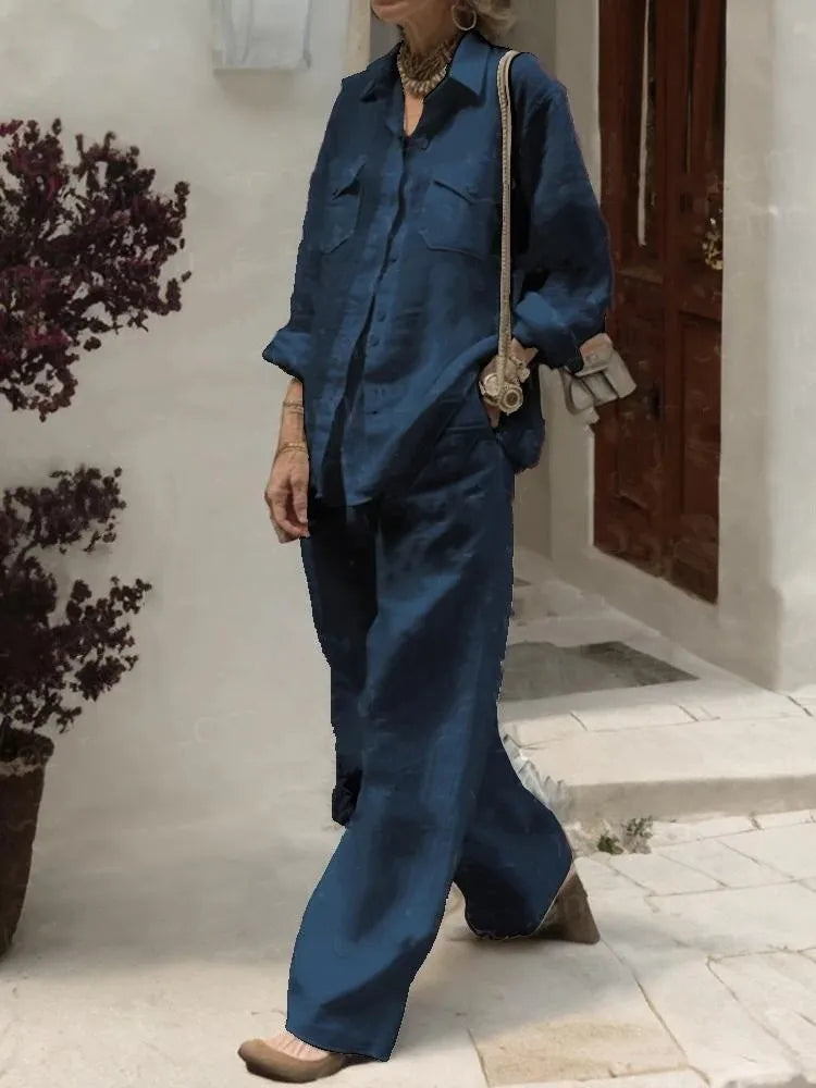 Conjunto Feminino de Linho com 2 Peças: Camisa de Manga Longa com Botões e Calças de Perna Larga