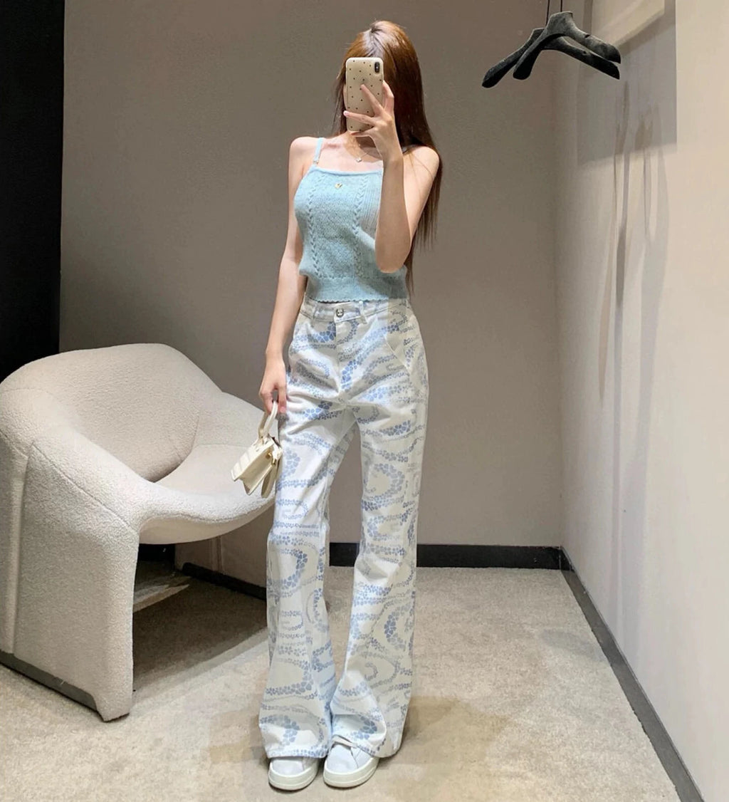 Mulheres branco impresso jeans cintura alta perna larga coreano em linha reta solta casual versátil outono nova moda de rua alta