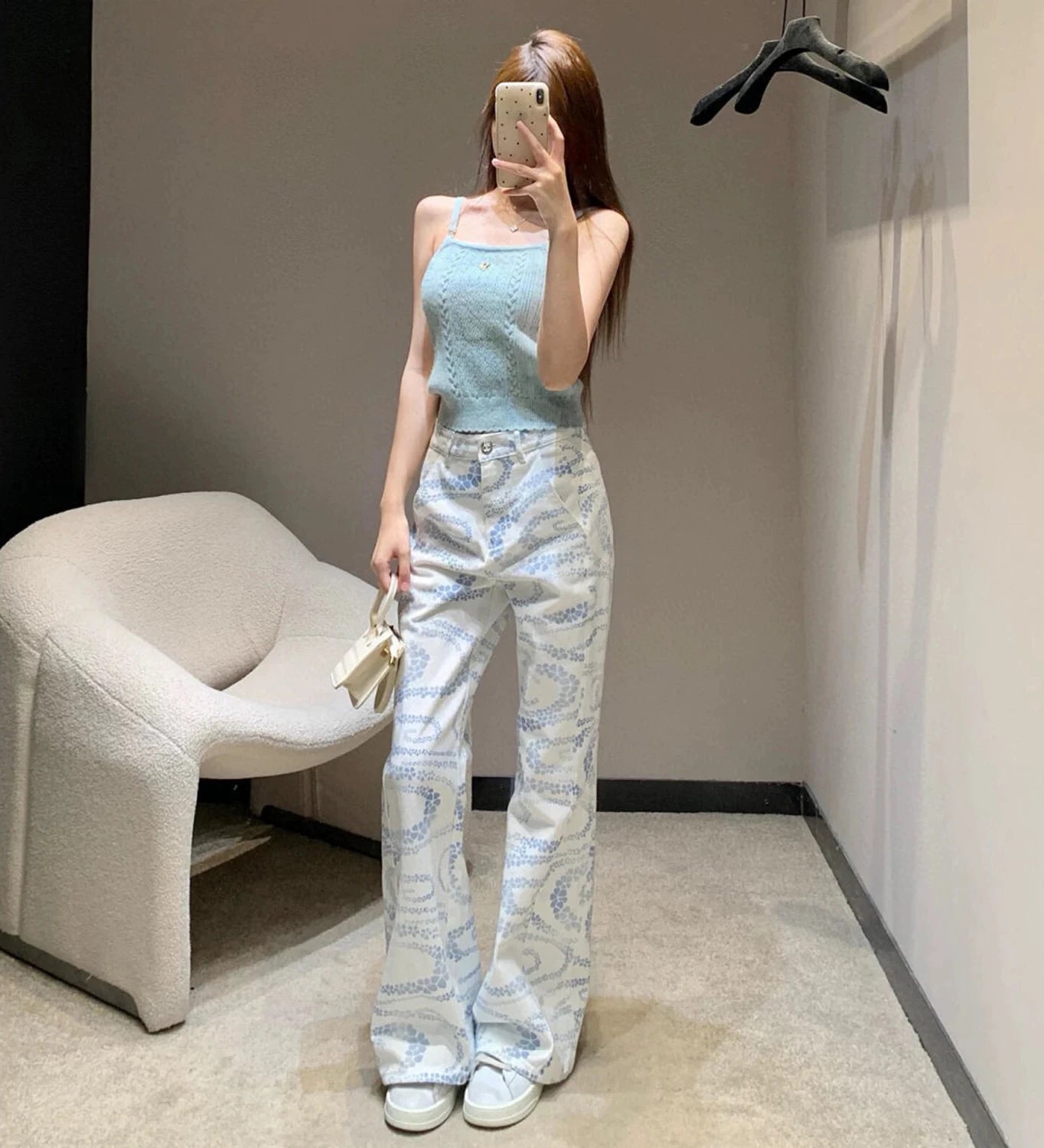 Mulheres branco impresso jeans cintura alta perna larga coreano em linha reta solta casual versátil outono nova moda de rua alta