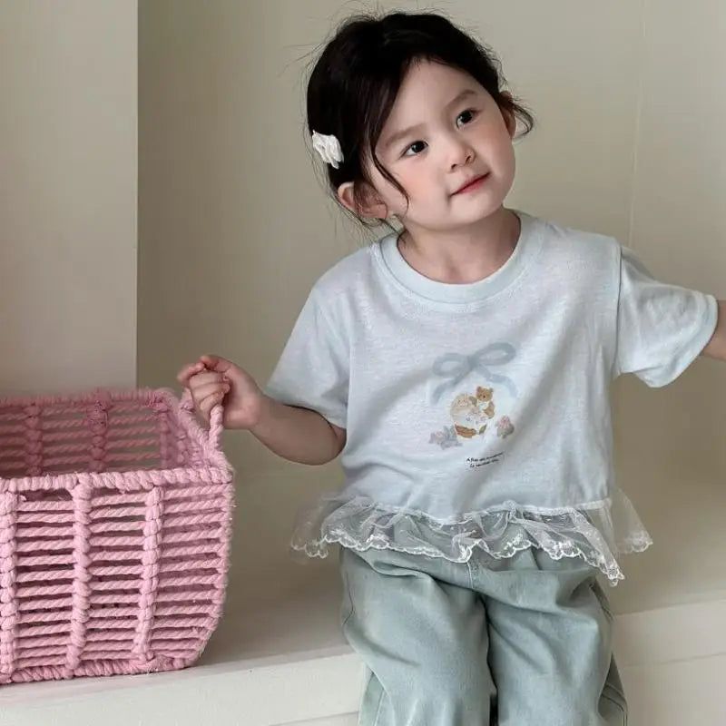 Crianças camisetas de manga curta 2025 verão novo arco dos desenhos animados impressão meninas rendas camiseta do bebê meninas algodão casual topos crianças roupas