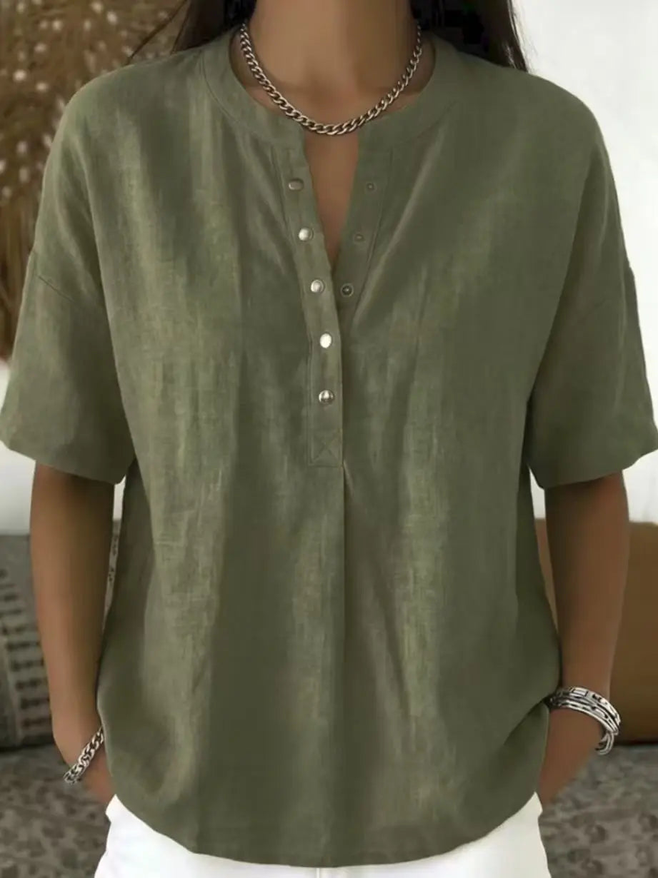 Blusa Feminina de Linho com Gola Henley, Manga Curta, Casual, Solta, Cor Sólida, Top de Verão