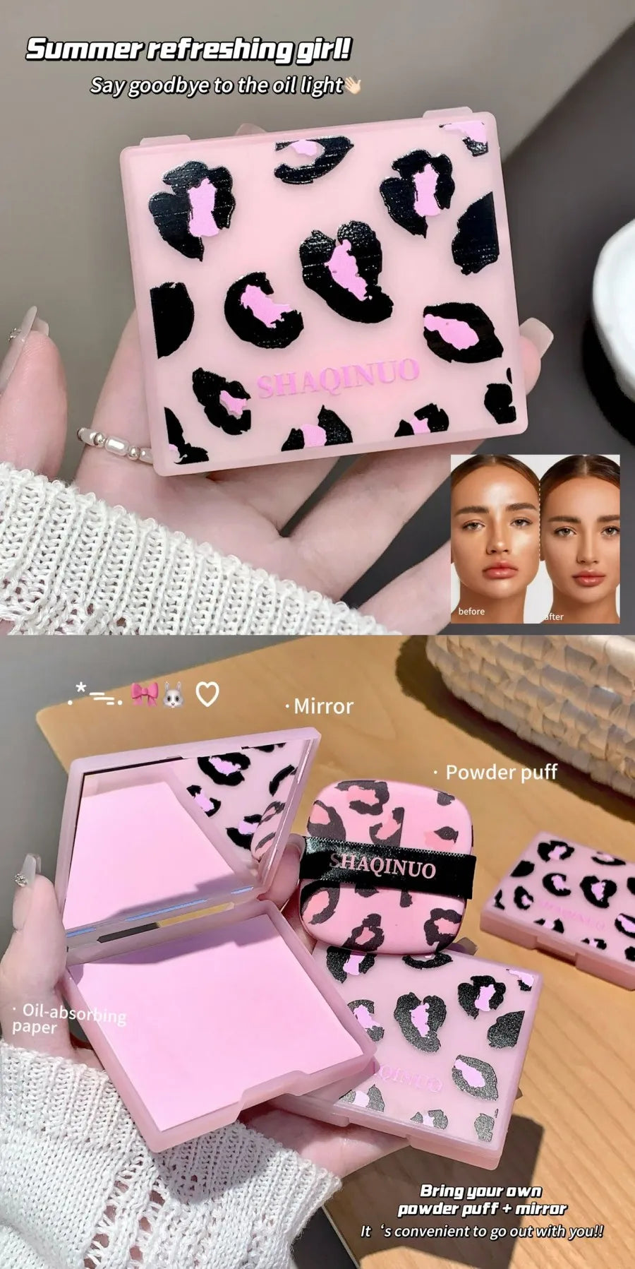 100 folhas de papel absorvente de óleo facial com estampa de leopardo rosa caixa de armazenamento portátil com espelho ferramenta de beleza
