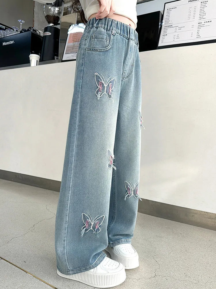 Coreano menina perna larga jeans com lindas borboletas crianças cintura alta solta calças jeans adolescente casual jeans crianças