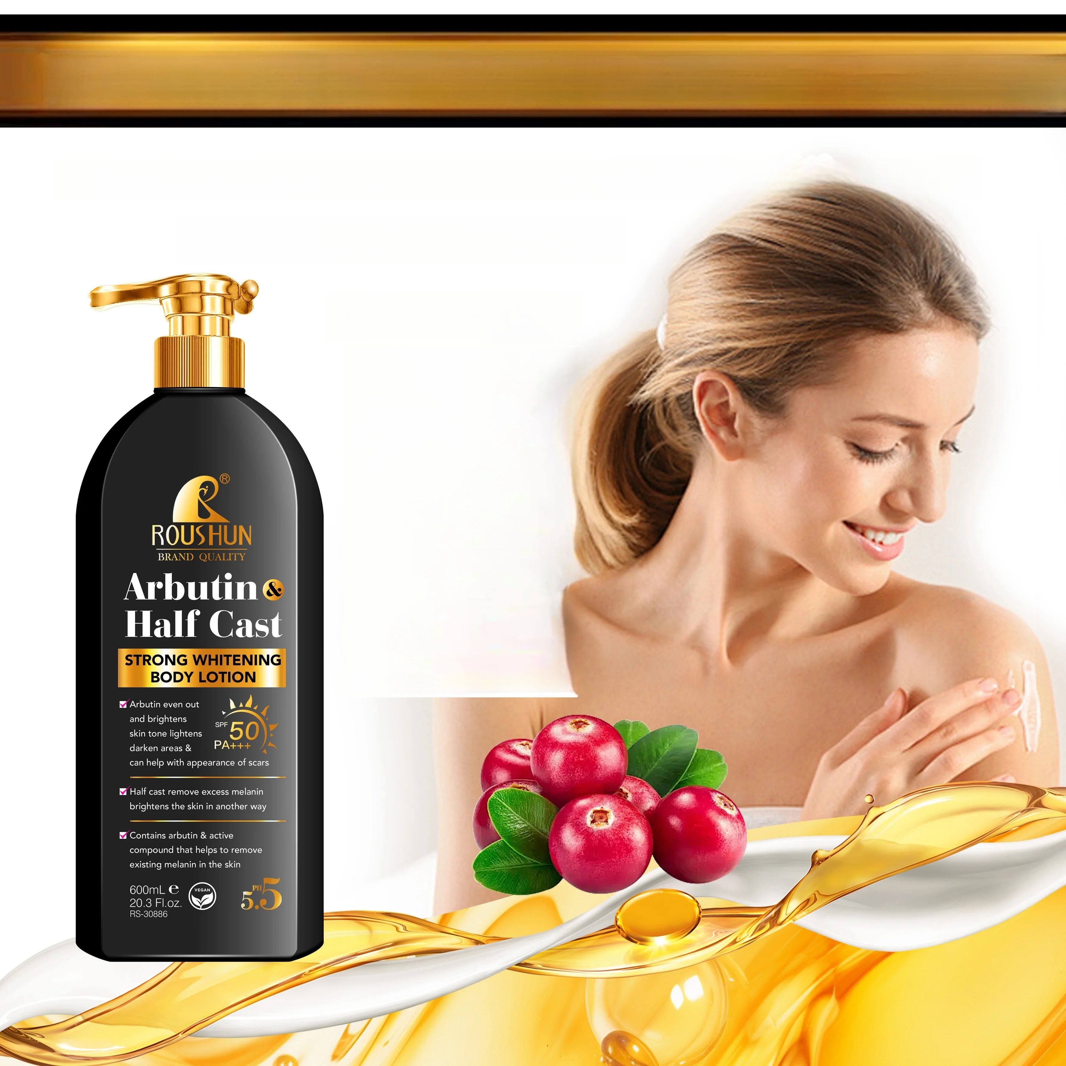 Loção Corporal Arbutin HALF CAST com protetor solar 2 em 1, refrescante, hidratante e não oleosa.