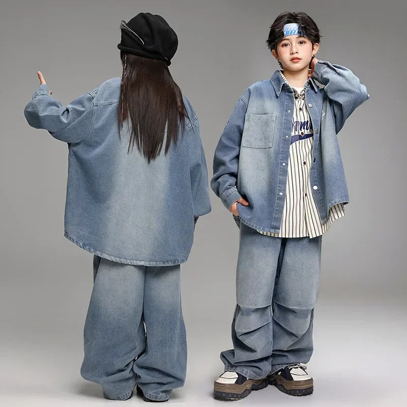 Crianças menino menina solta casual streetwear moda hip hop crianças denim camisa calça jeans define ternos agasalho roupas de palco traje
