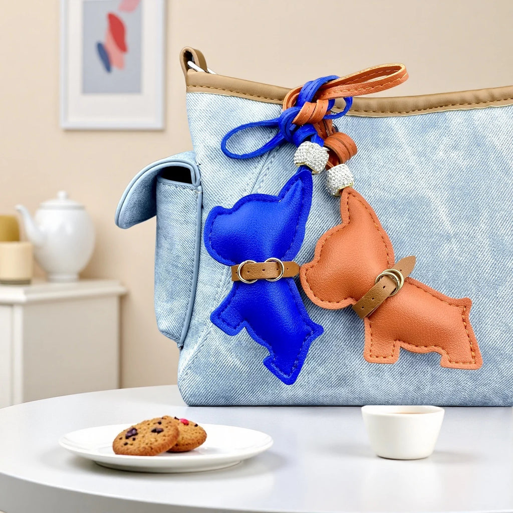 Pingente de Bolsa de Bulldog Francês em Couro PU Artesanal, Acessório de Bolsa de Cachorrinho Fofo com Miçangas de Strass e Coleira Estilosa, Presente Único