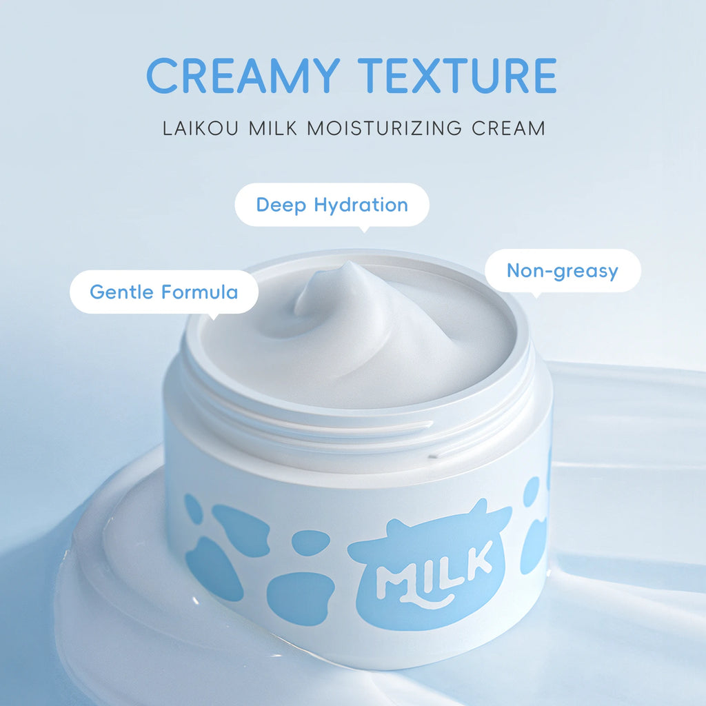 LAIKOU Conjunto de cuidados com a pele com leite Soro suavizante Creme hidratante Limpador suave Kit de viagem de hidratação iluminadora