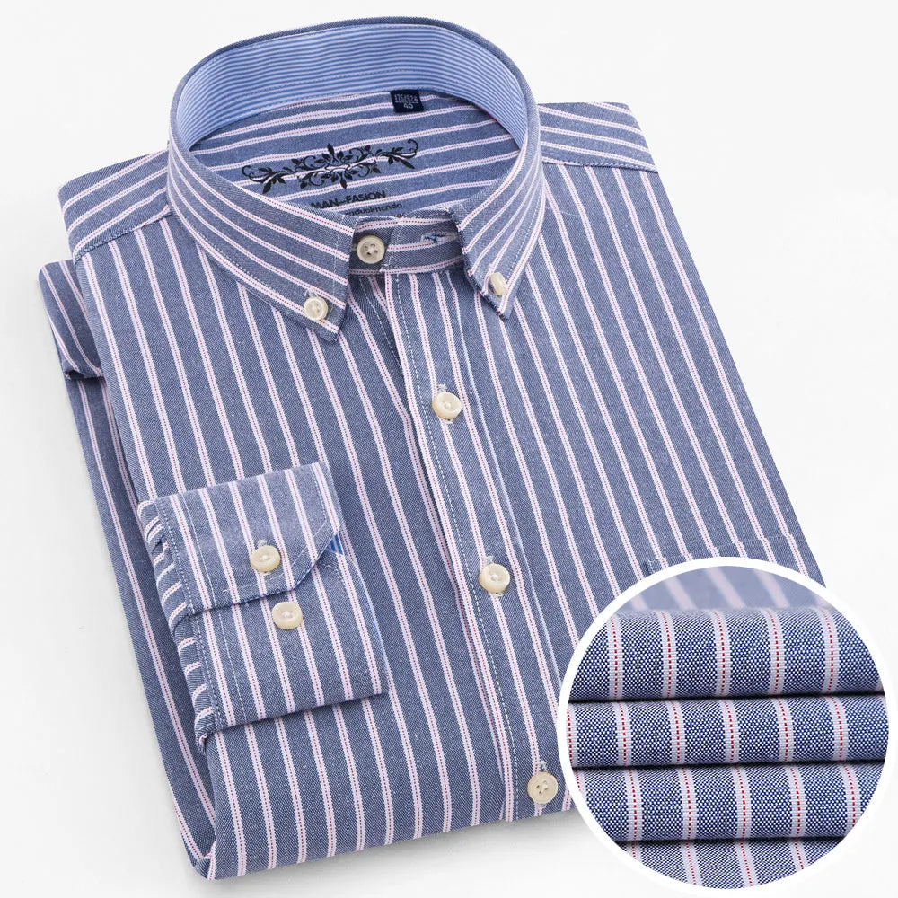 Camisa casual de trabalho listrada xadrez oxford de manga comprida masculina com bolso, camisas de botão de ajuste regular de mistura de algodão primavera outono