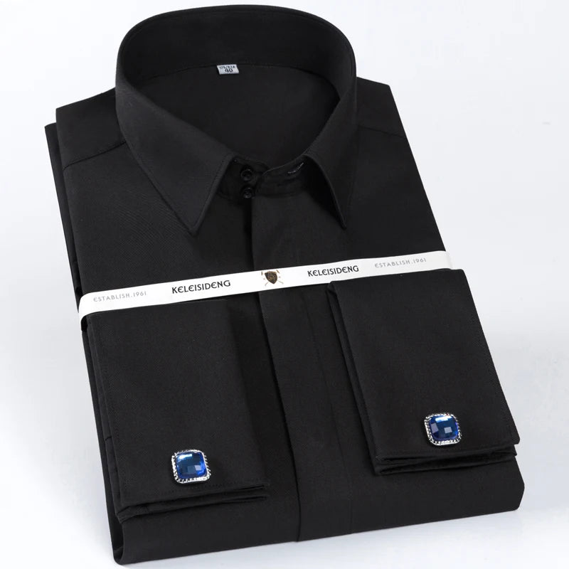 Camisa masculina clássica com punho francês, botão oculto, manga comprida, formal, ajuste padrão, camisas brancas (abotoaduras incluídas)