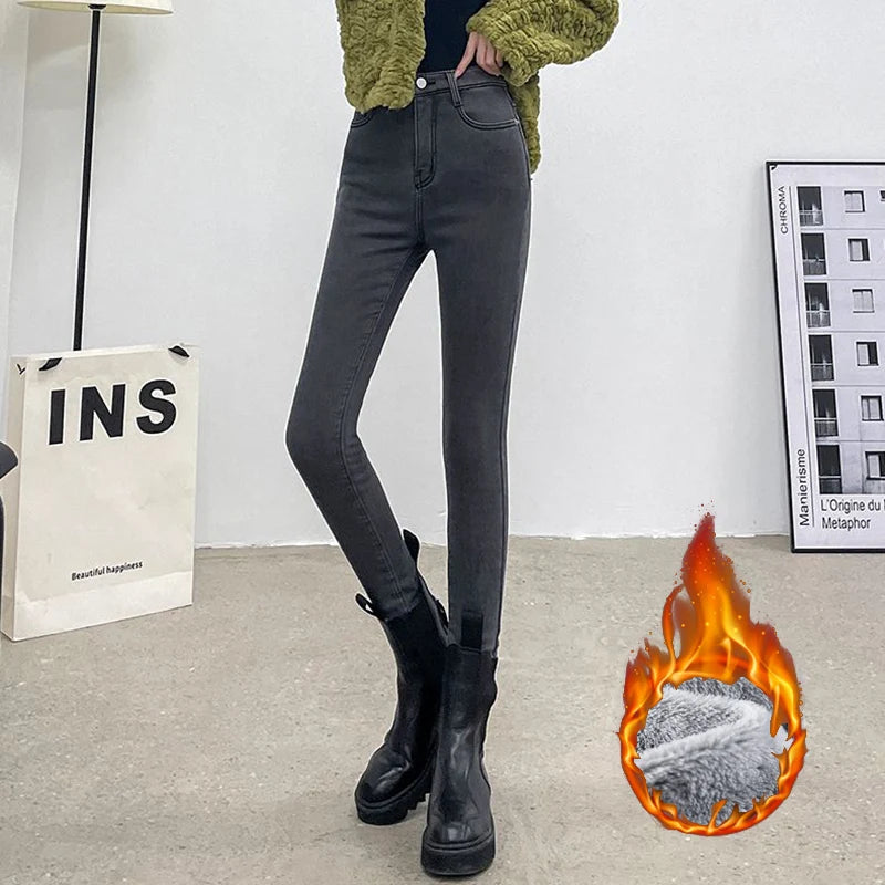 Inverno senhora térmica quente jeans de pelúcia magro estiramento jeans senhora fino ajuste lápis calças meninas perna reta denim