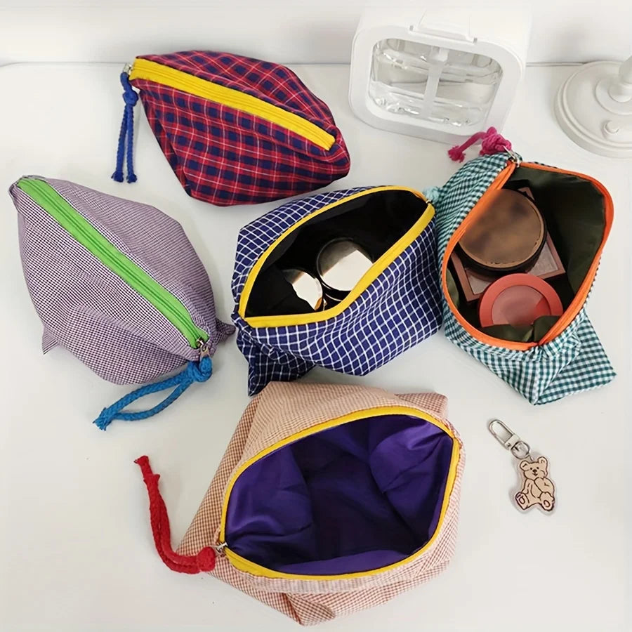 Venda quente feminino xadrez saco de maquiagem grande capacidade algodão zíper bolsa bolsa de viagem saco de maquiagem portátil simples bolsa saco de cosméticos