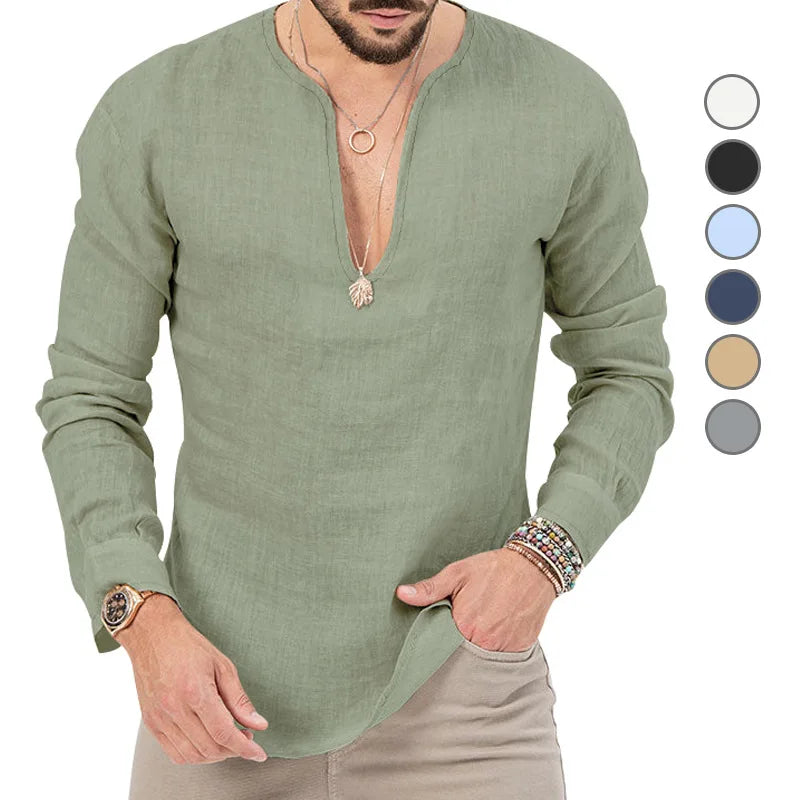 Camiseta Masculina de Linho de Manga Longa 2026 Henry, Slim Fit, Cor Sólida, Tamanho Grande Europeu e Americano, Gola V Profunda