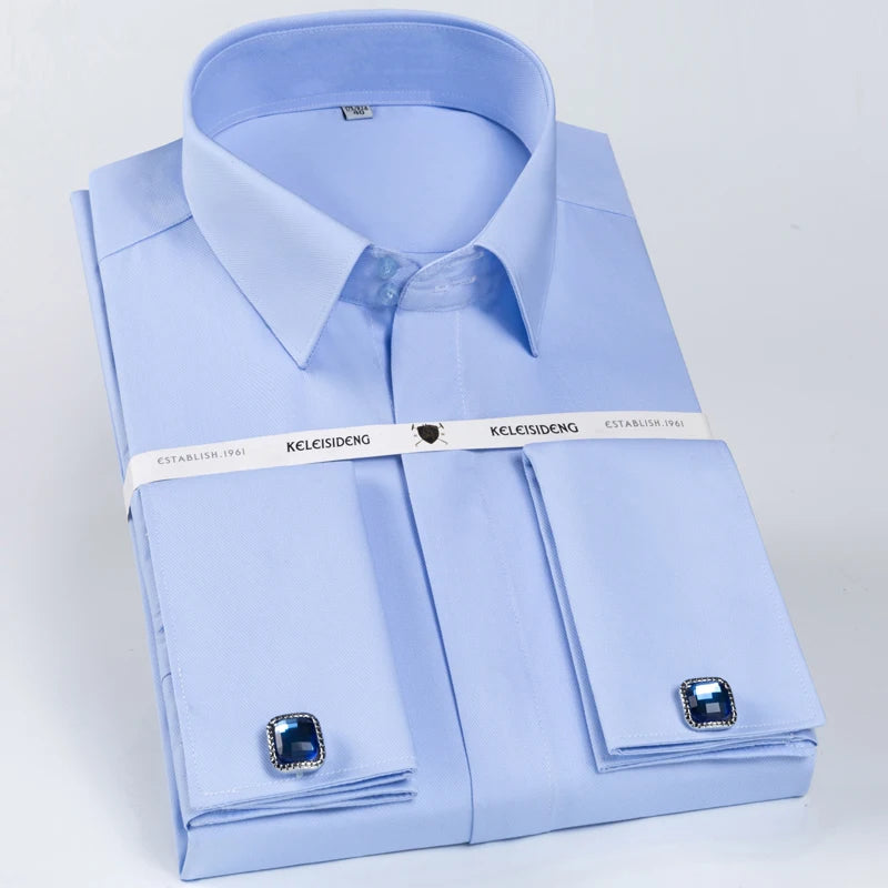 Camisa masculina clássica com punho francês, botão oculto, manga comprida, formal, ajuste padrão, camisas brancas (abotoaduras incluídas)