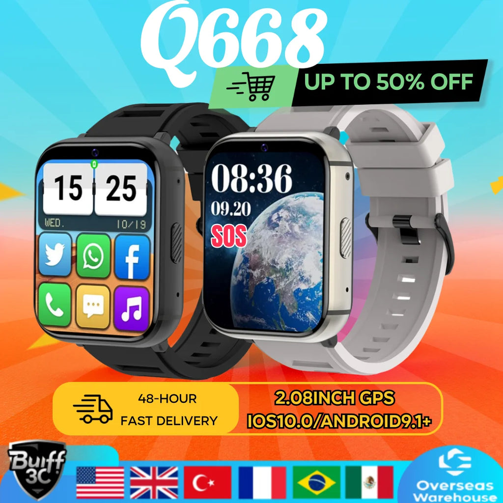 Relógio Inteligente Q668 4G 2025, Relógio de 1,99 Polegadas para Homens, Presente com SIM, Wifi, Android, IOS, à Prova d'Água, GPS para Xiaomi