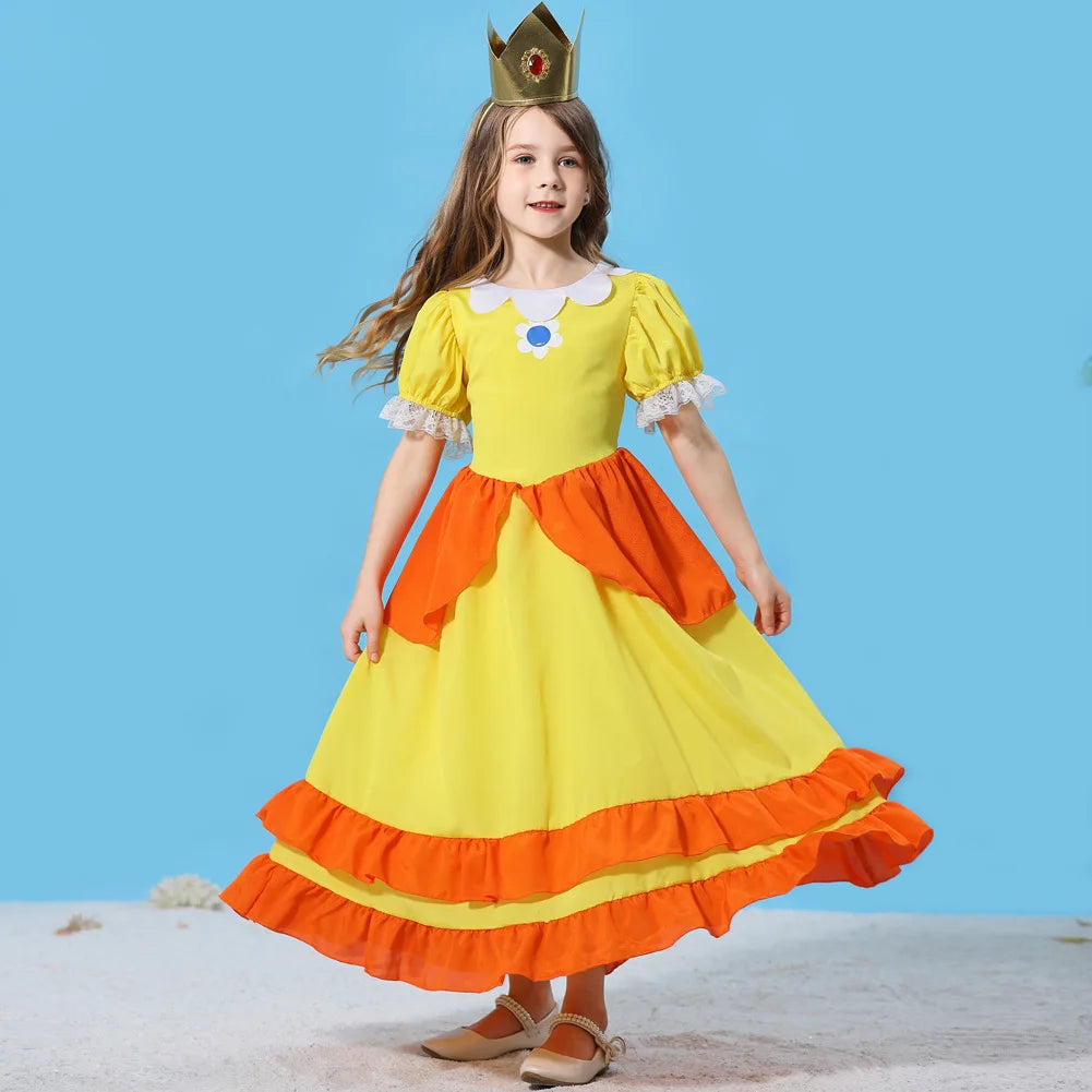 Pêssego rosalina vestido meninas margarida cosplay roupas crianças halloween vestir-se roupas de verão rendas applique princesa traje