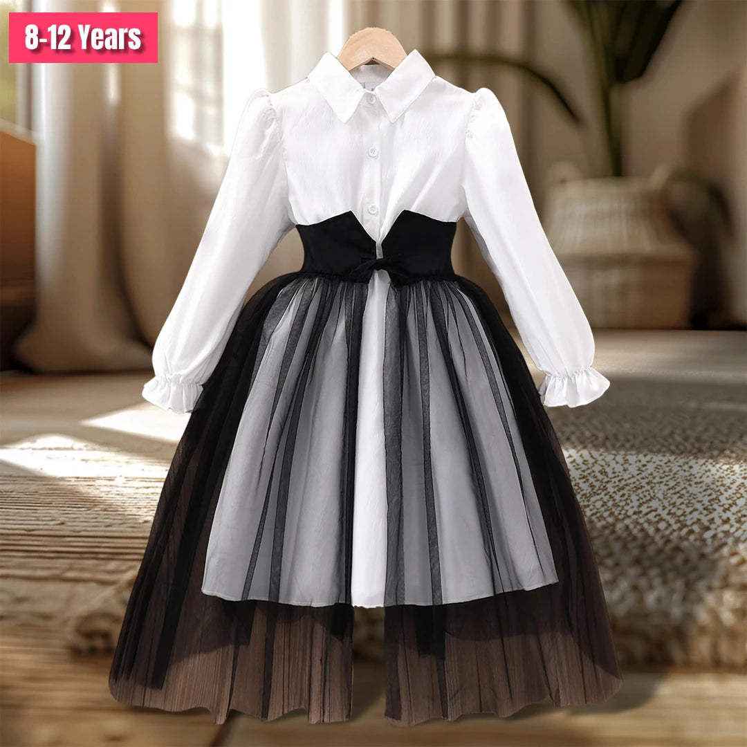 Vestido elegante para meninas de 8 a 12 anos, vestidos de festa para crianças, vestido de manga comprida, branco puro, roupas casuais para meninas, ventilação macia