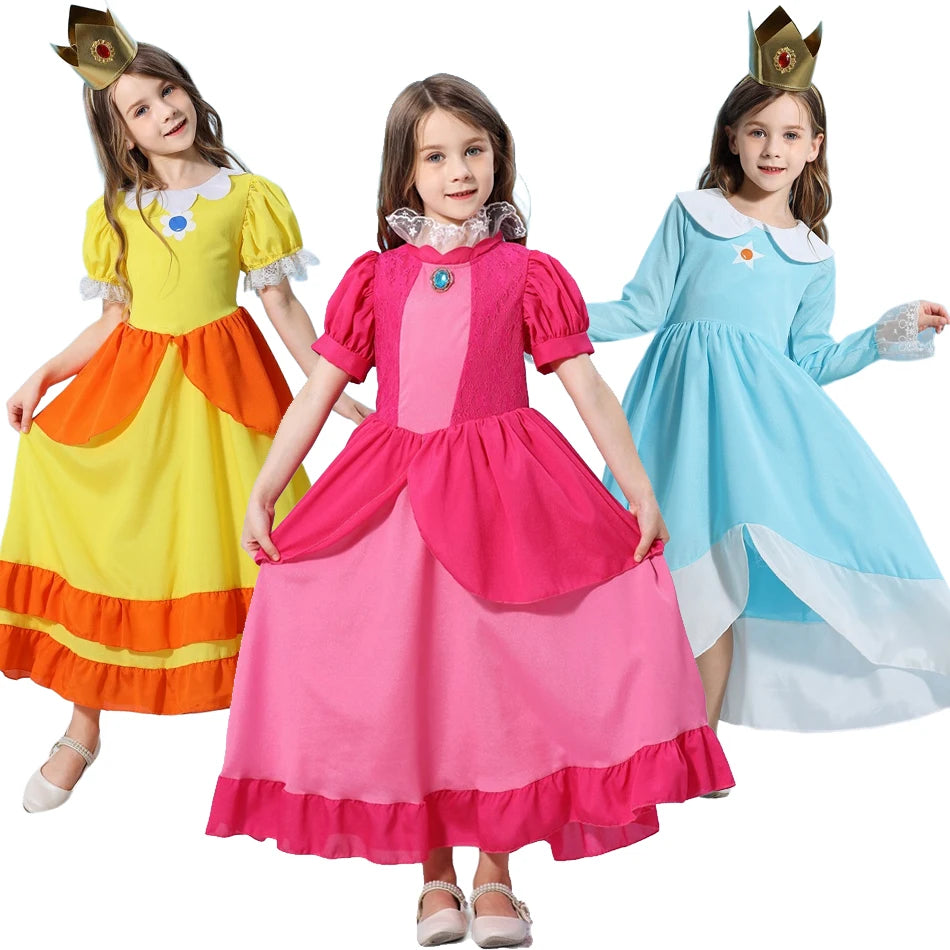 Pêssego rosalina vestido meninas margarida cosplay roupas crianças halloween vestir-se roupas de verão rendas applique princesa traje